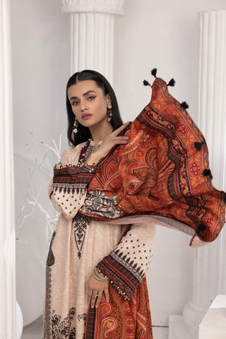 03 Piece Unstitched Printed Cottel With Printed Jacquard Shawl