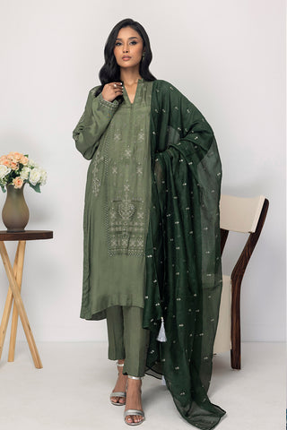03 Piece Ready to wear Embroidered Raw Silk with khaddi net  dupatta