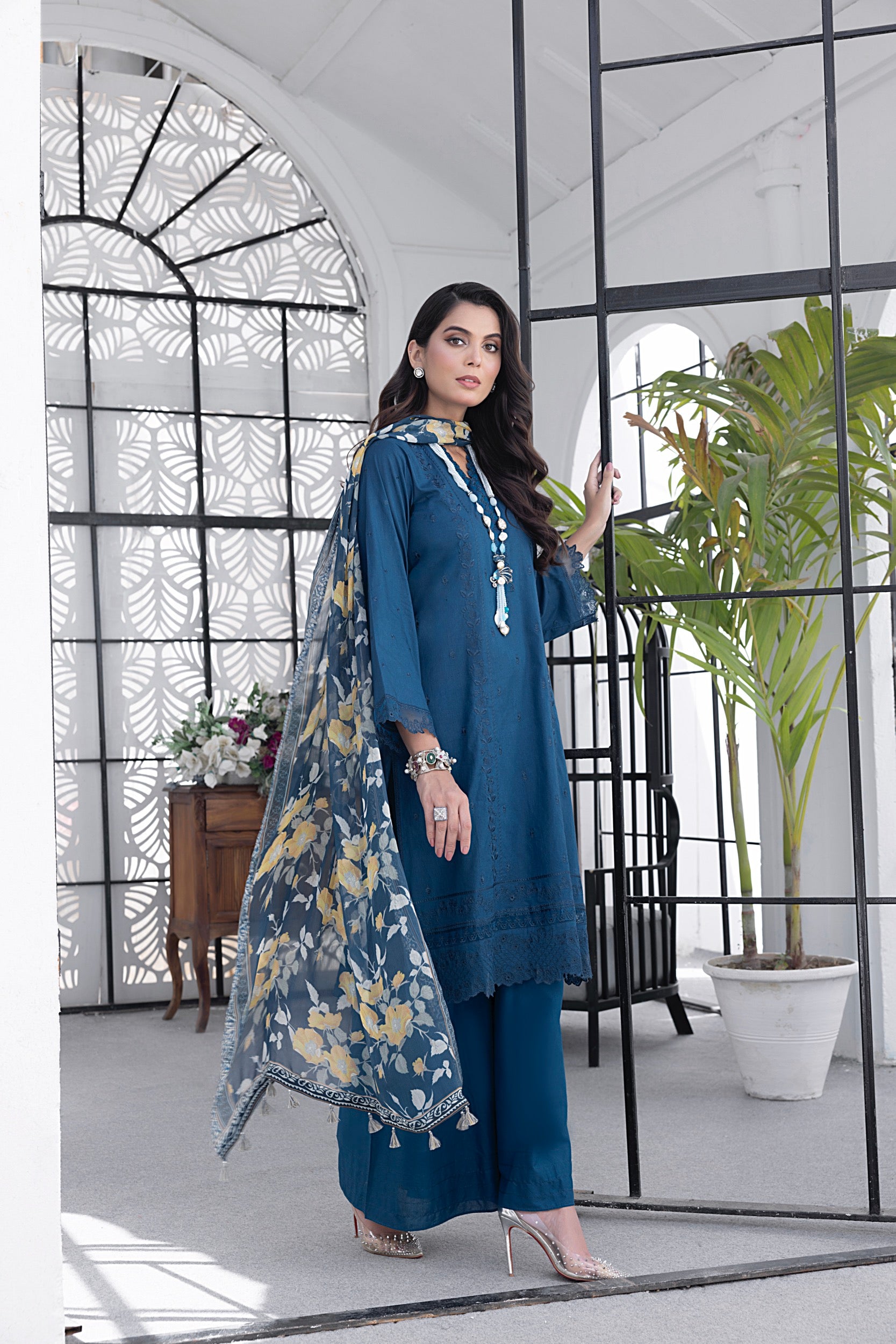 lawn dress with chiffon dupatta All-Over Print Embroidered EID Lawn Dress with Emb. Chiffon Dupatta