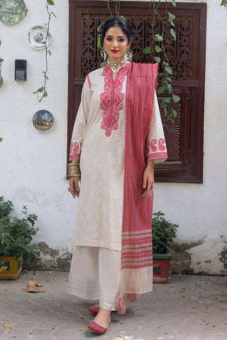 03 Piece Unstitched Embroidered Lawn With Fancy Woven dupatta