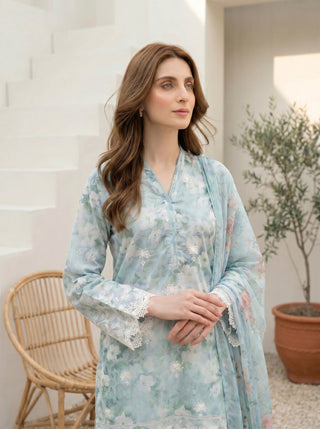 03 Piece Stitched Printed Embroidered with Printed Chiffon Dupatta