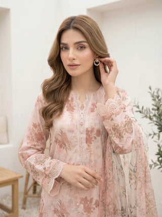 03 Piece Stitched Printed Embroidered with Printed Chiffon Dupatta