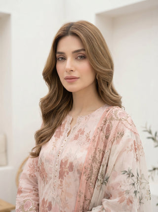 03 Piece Stitched Printed Embroidered with Printed Chiffon Dupatta