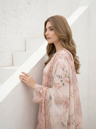 03 Piece Stitched Printed Embroidered with Printed Chiffon Dupatta