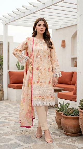 03 Piece Unstitched Printed Embroidered with Printed Lawn Dupatta