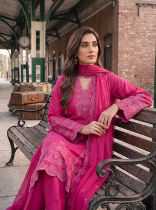 03 Piece Embroidered with Chiffon Dupatta Ready to wear Luckhnowi Collection