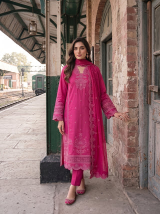 03 Piece Embroidered with Chiffon Dupatta Ready to wear Luckhnowi Collection
