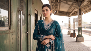 03 Piece Embroidered with Chiffon Dupatta Ready to wear Luckhnowi Collection
