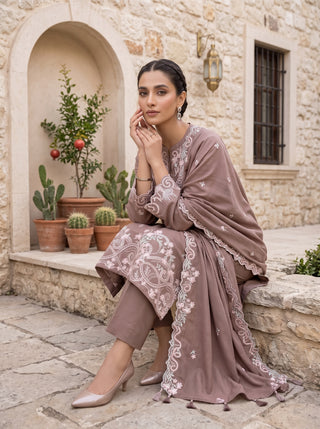 03 Piece Unstitched Embroidered with Fancy Embroidered Shawl