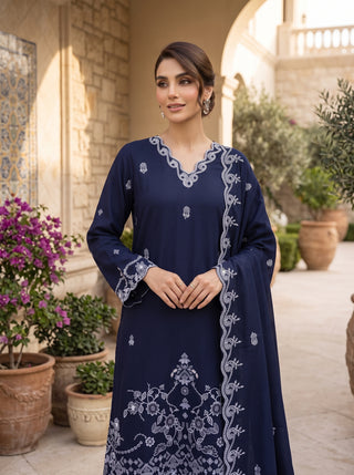03 Piece Unstitched Embroidered with Fancy Embroidered Shawl