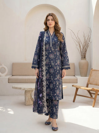 03 Piece Unstitched Printed with Embroidered Cutwork Dupatta