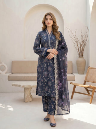 03 Piece Unstitched Printed with Embroidered Cutwork Dupatta