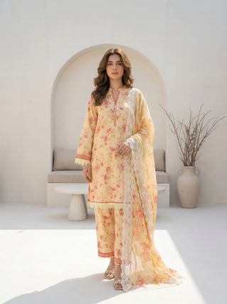 03 Piece Unstitched Printed with Embroidered Cutwork Dupatta