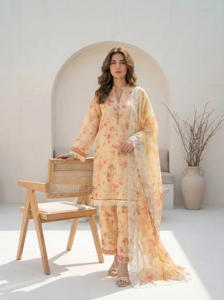 03 Piece Unstitched Printed with Embroidered Cutwork Dupatta