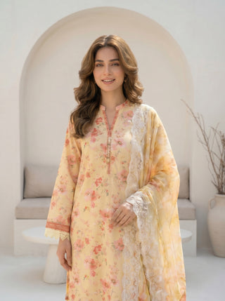 03 Piece Unstitched Printed with Embroidered Cutwork Dupatta