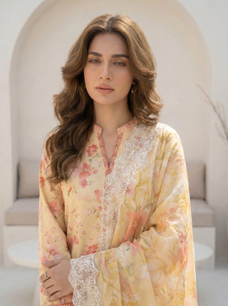 03 Piece Unstitched Printed with Embroidered Cutwork Dupatta
