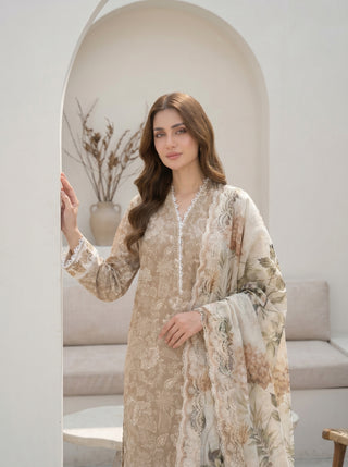 03 Piece Unstitched Printed with Embroidered Cutwork Dupatta