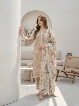 03 Piece Unstitched Printed with Embroidered Cutwork Dupatta
