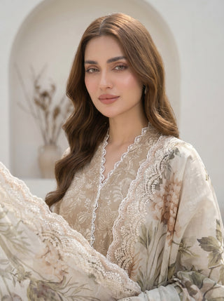 03 Piece Unstitched Printed with Embroidered Cutwork Dupatta