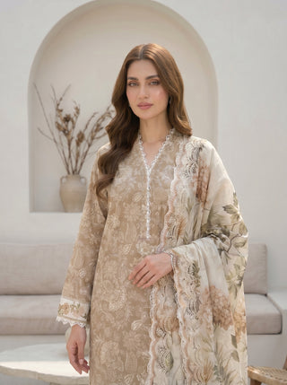 03 Piece Unstitched Printed with Embroidered Cutwork Dupatta