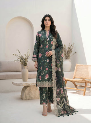 03 Piece Unstitched Printed with Embroidered Cutwork Dupatta
