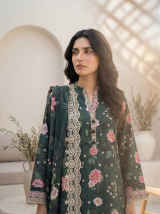 03 Piece Unstitched Printed with Embroidered Cutwork Dupatta