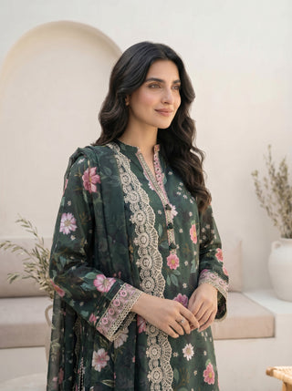 03 Piece Unstitched Printed with Embroidered Cutwork Dupatta