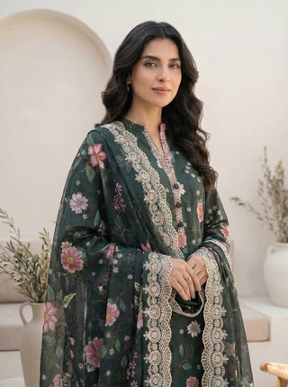 03 Piece Unstitched Printed with Embroidered Cutwork Dupatta