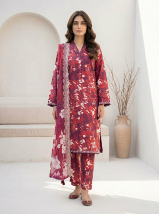03 Piece Unstitched Printed with Embroidered Cutwork Dupatta