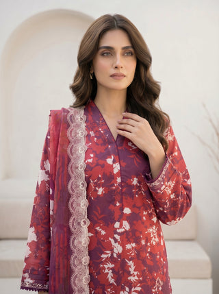 03 Piece Unstitched Printed with Embroidered Cutwork Dupatta