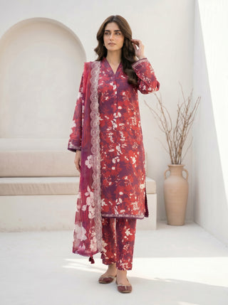 03 Piece Unstitched Printed with Embroidered Cutwork Dupatta