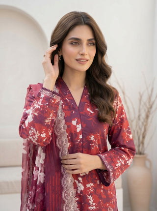 03 Piece Unstitched Printed with Embroidered Cutwork Dupatta