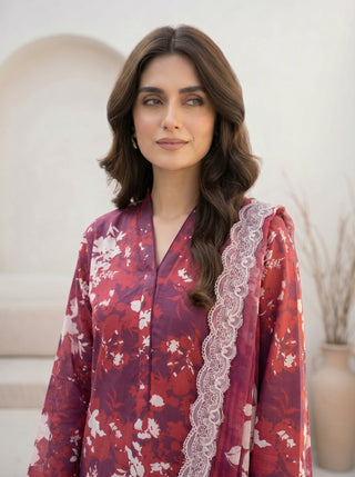 03 Piece Unstitched Printed with Embroidered Cutwork Dupatta