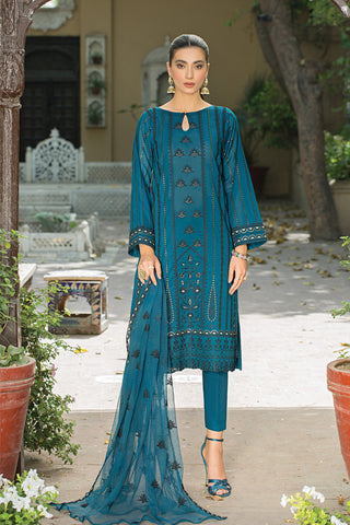 03 piece Unstitched Embroidered Lawn with Embroidered Net Dupatta